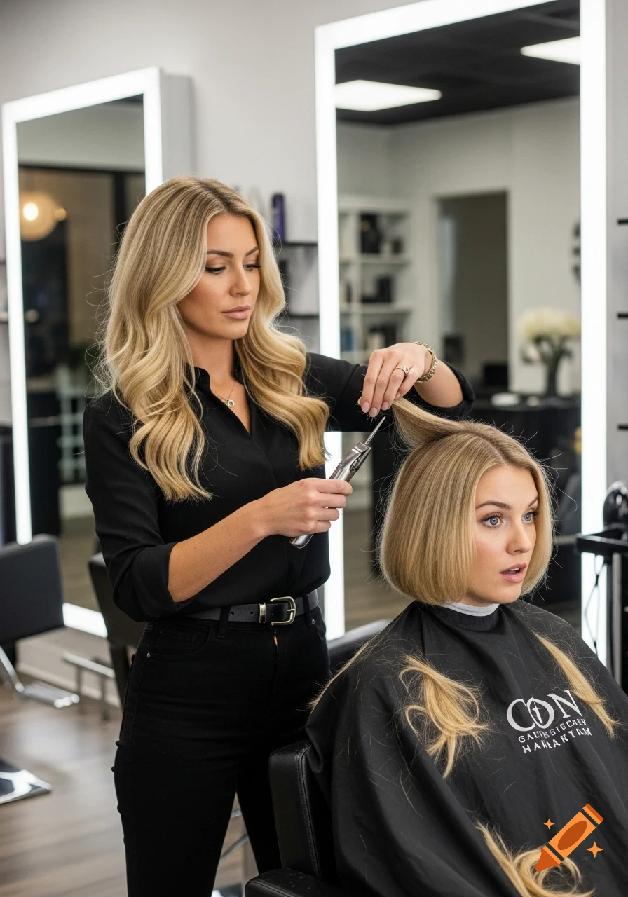 A blonde stylist gives a client a bob haircut in a salon, with the client looking surprised as hair is cut.
