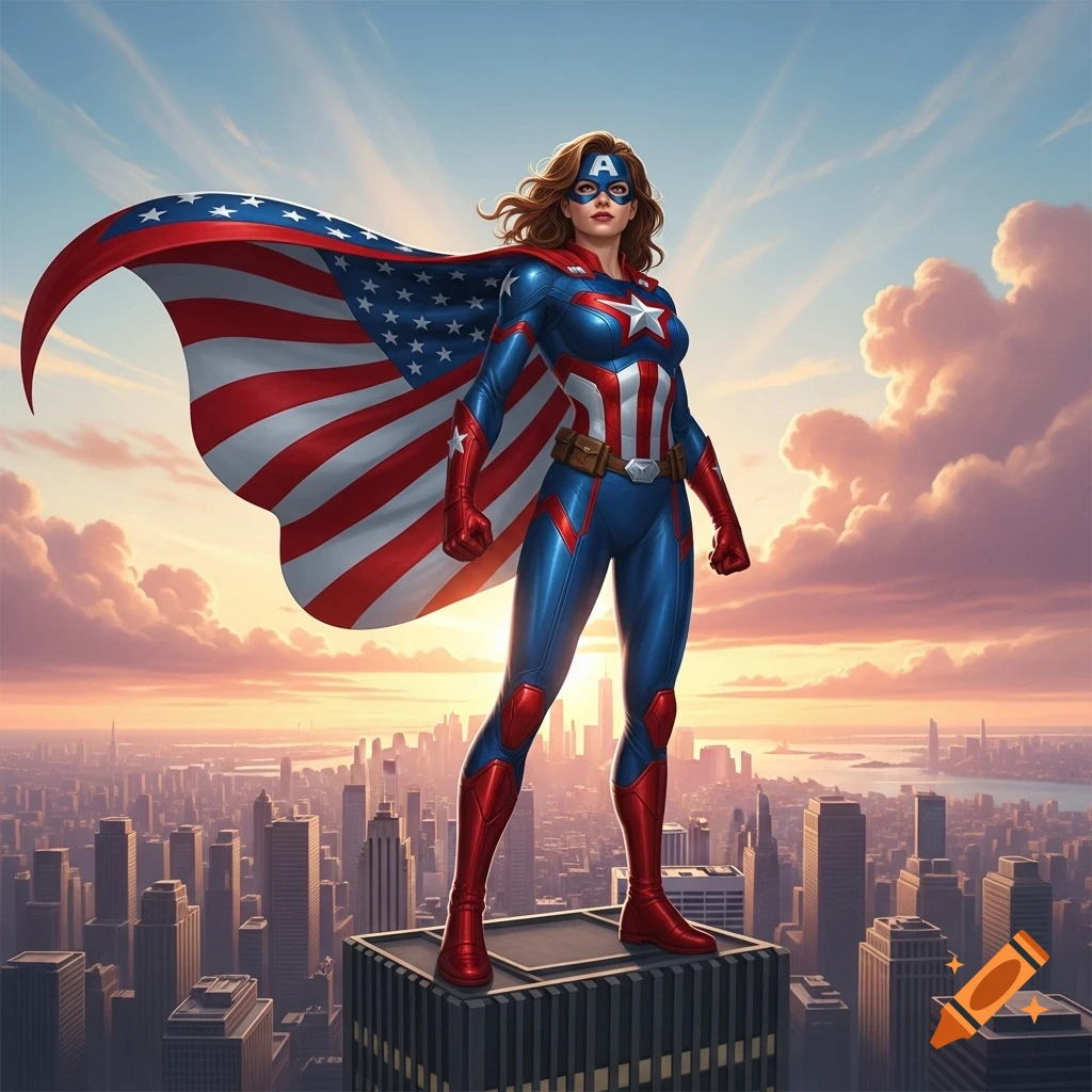 A patriotic superheroine with a flowing American flag cape stands confidently atop a skyscraper overlooking a city at sunset, in a comic book art style.