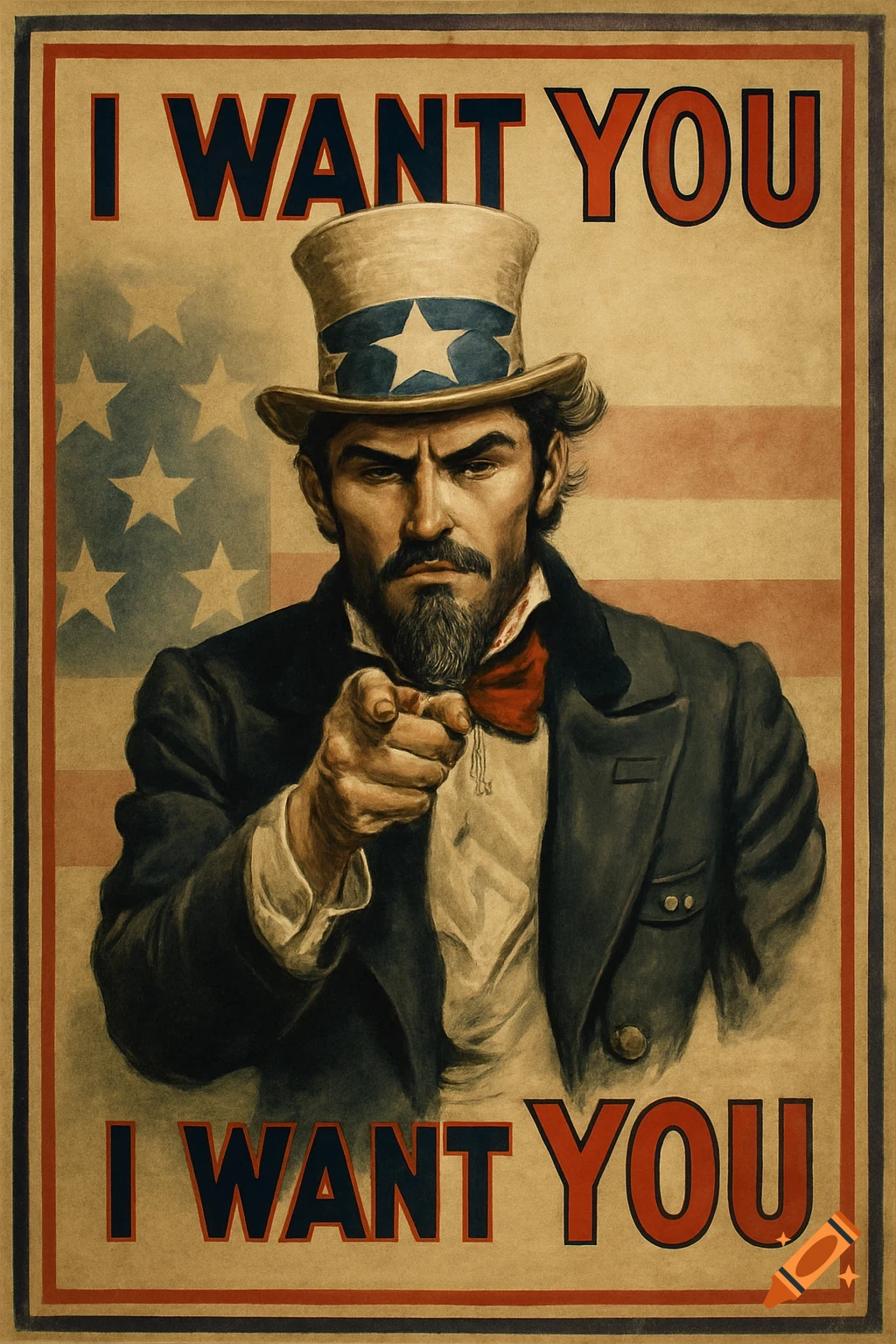 A vintage-style propaganda poster shows a serious man resembling Uncle Sam in a top hat, pointing forward, with 'I WANT YOU' text.