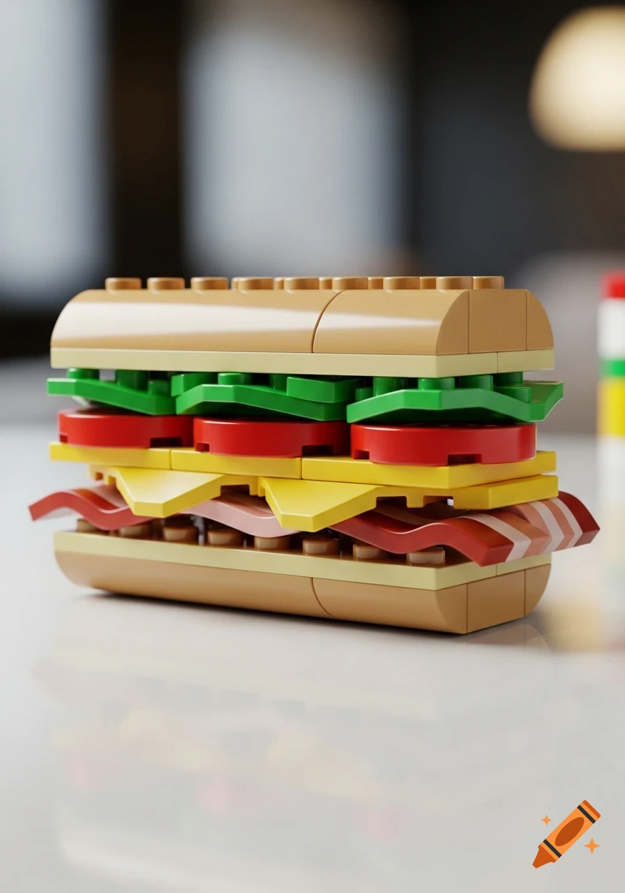A detailed LEGO-brick sandwich with tan bread, green lettuce, red tomatoes, yellow cheese, and pink bacon layers, on a light surface.