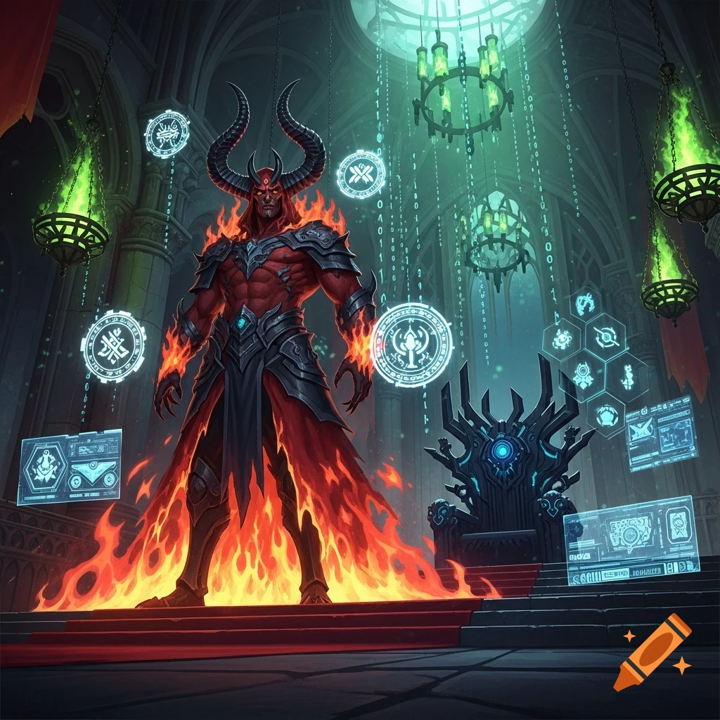 A powerful, muscular red demon with large horns, fiery legs, and dark armor stands on a red-carpeted platform in a gothic-style hall filled with glowing green chandeliers and holographic digital interfaces.