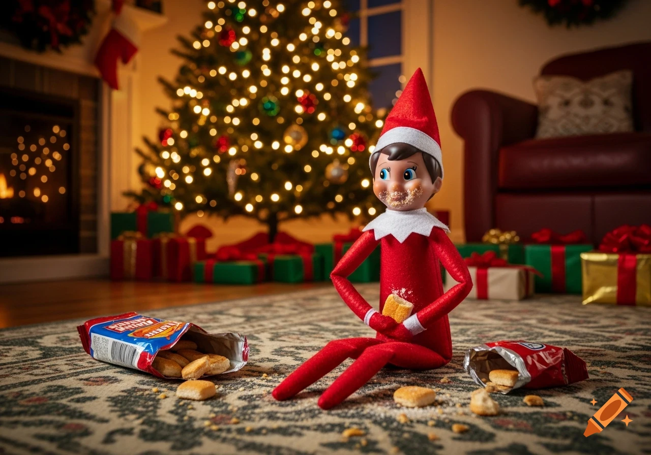 An Elf on the Shelf doll sits messy with crumbs on a rug in a festive living room with a lit Christmas tree and presents.