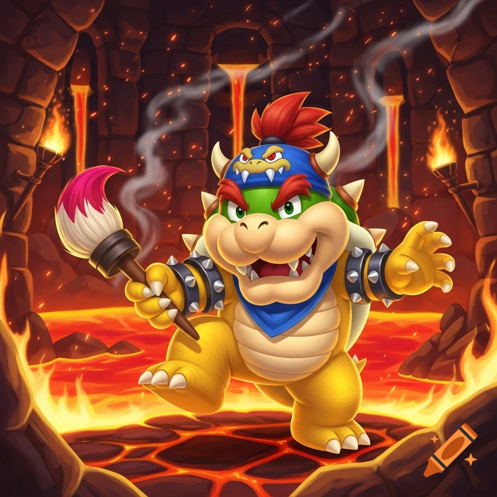Cartoon Bowser Jr. with a paintbrush in a lava cave.