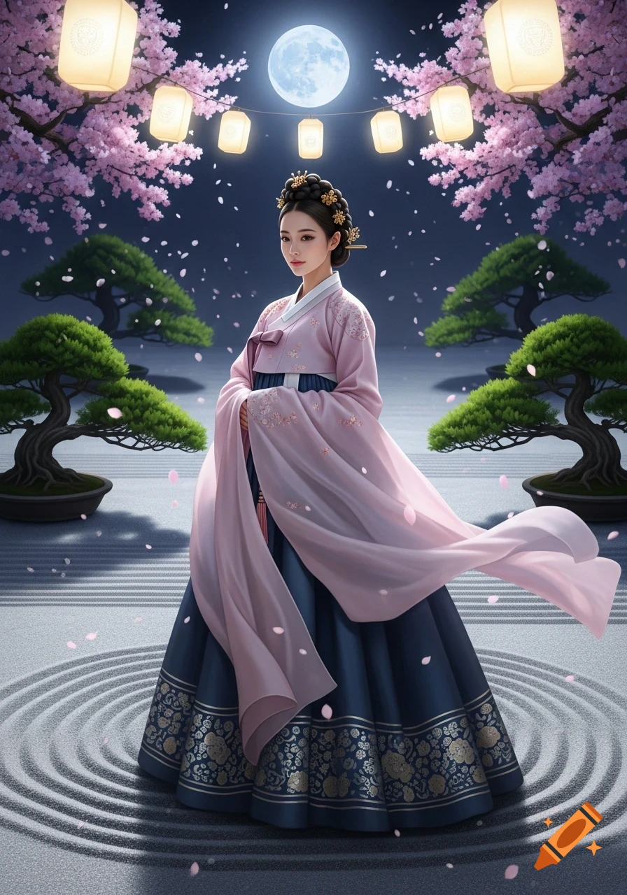 A Korean woman in a pink and blue hanbok stands in a moonlit zen garden with cherry blossoms, falling petals, and glowing lanterns.