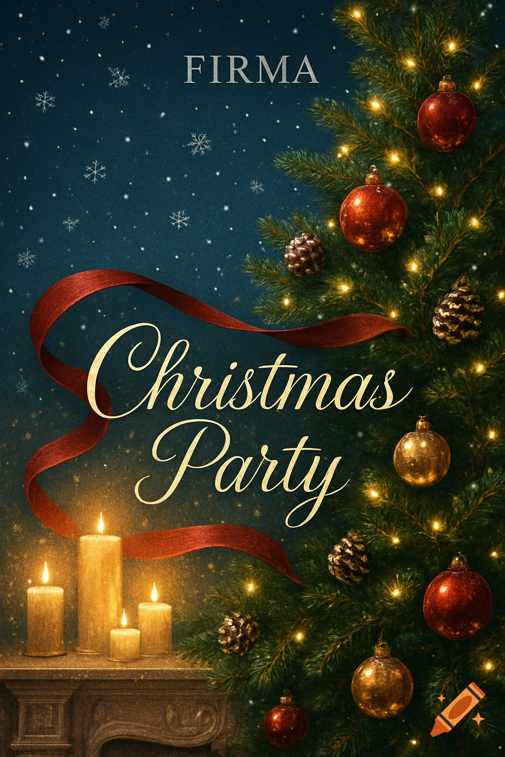 A festive Christmas party invitation with a decorated Christmas tree, glowing candles, red ribbon, snowflakes, and text that reads "FIRMА Christmas Party".