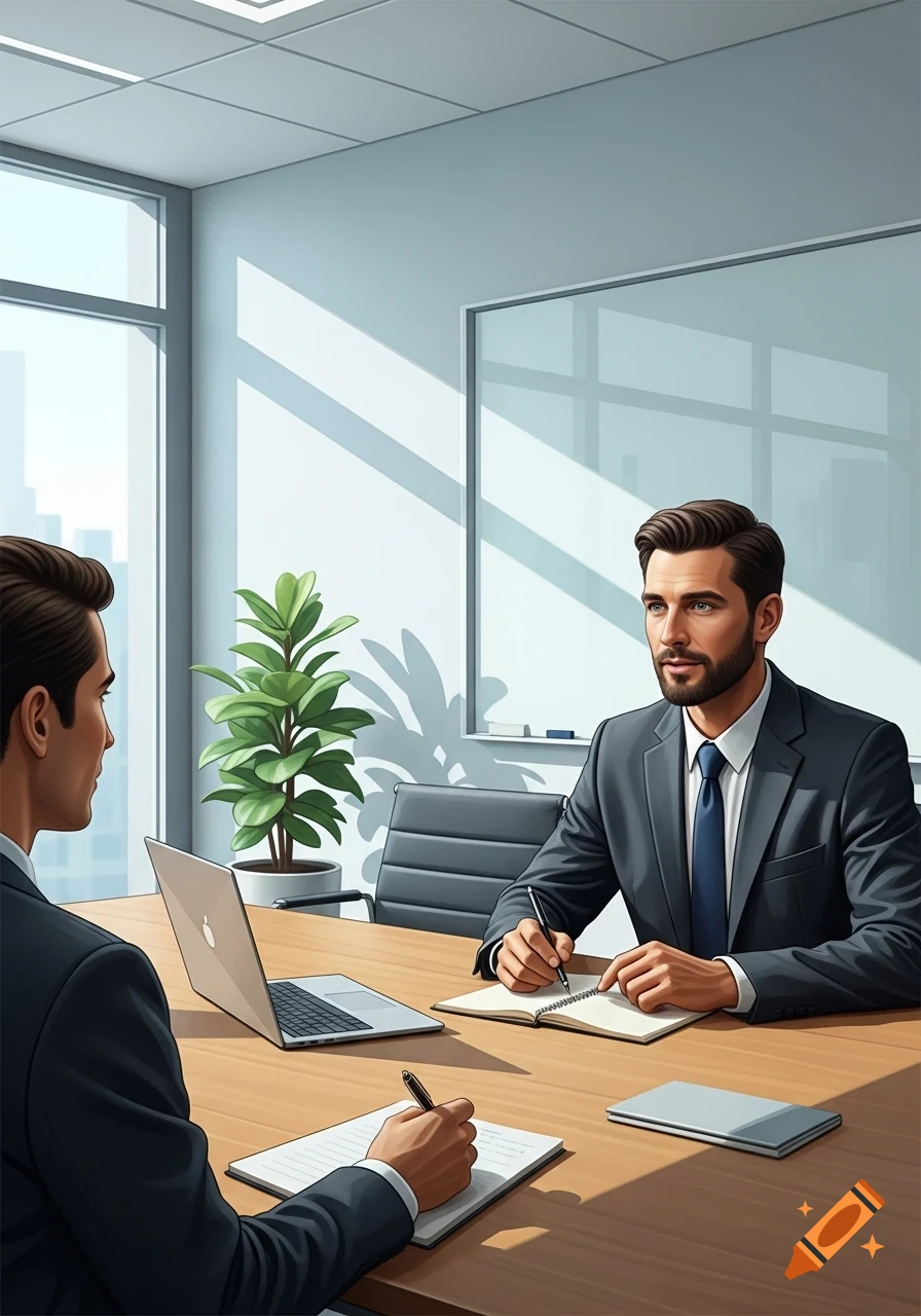 Two men in suits conducting a job interview at a modern office table, writing in notebooks.