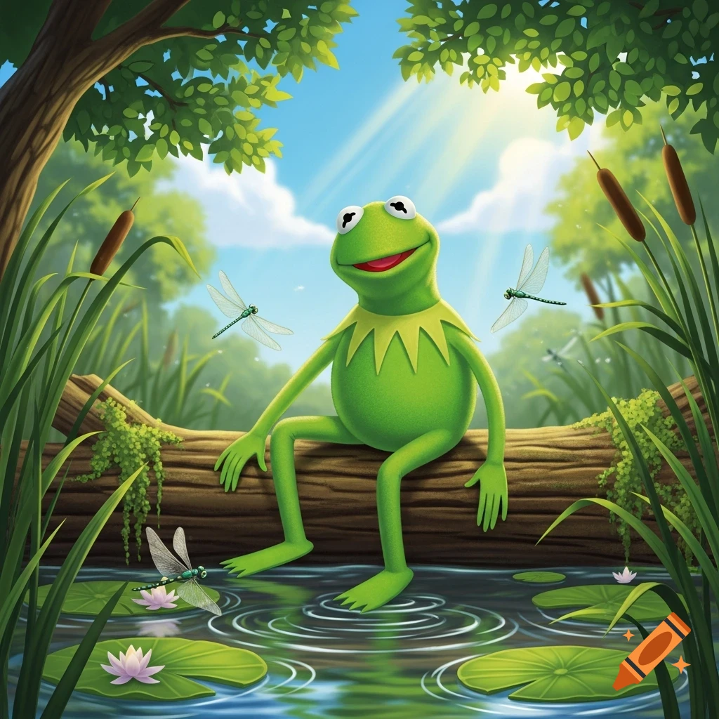 Kermit the Frog sits on a log over a pond with lily pads, cattails, and dragonflies under a sunny sky in an illustration.
