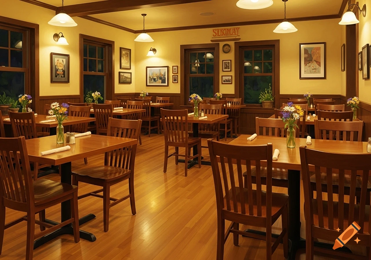 A warm, empty restaurant interior with wooden tables and chairs, soft yellow lighting, and framed art on the walls.