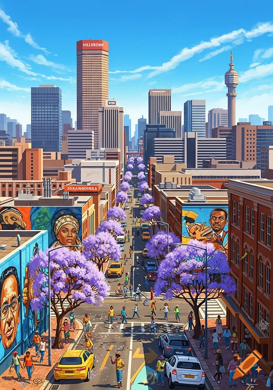 A vibrant, stylized cityscape with a busy street, purple jacaranda trees, people, cars, and tall buildings, one prominently labeled 'HILLBROW'.