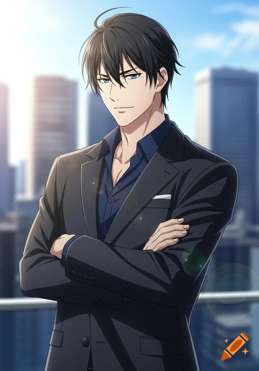 Anime style male character with black hair and blue eyes, wearing a dark suit, standing with crossed arms against a city skyline.