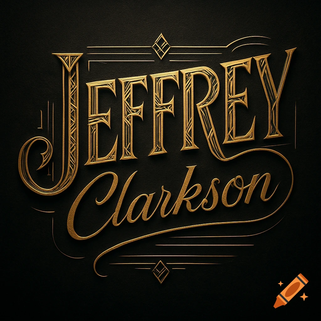 Gold, embossed JEFFREY Clarkson signature in an art deco style on a dark background.