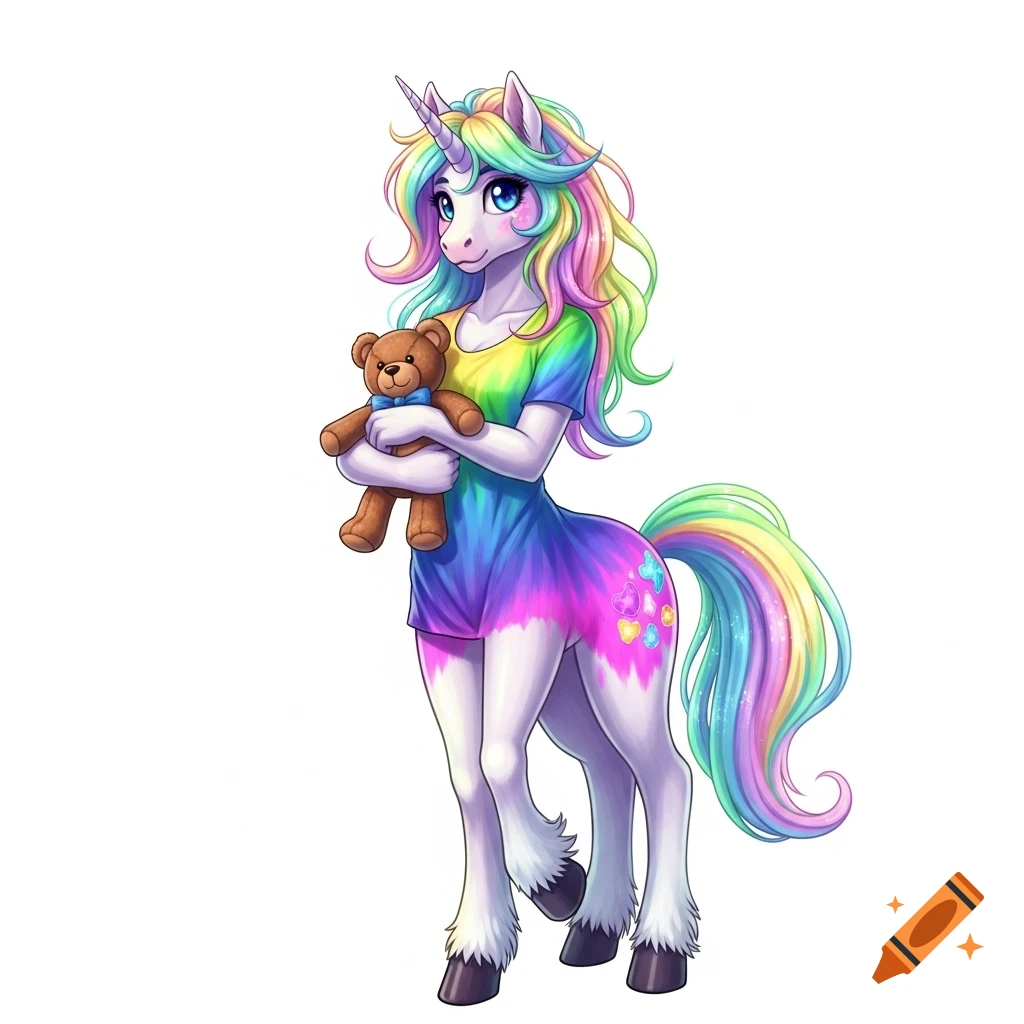 A vibrant rainbow-maned unicorn hybrid character wearing a tie-dye shirt, holding a teddy bear.