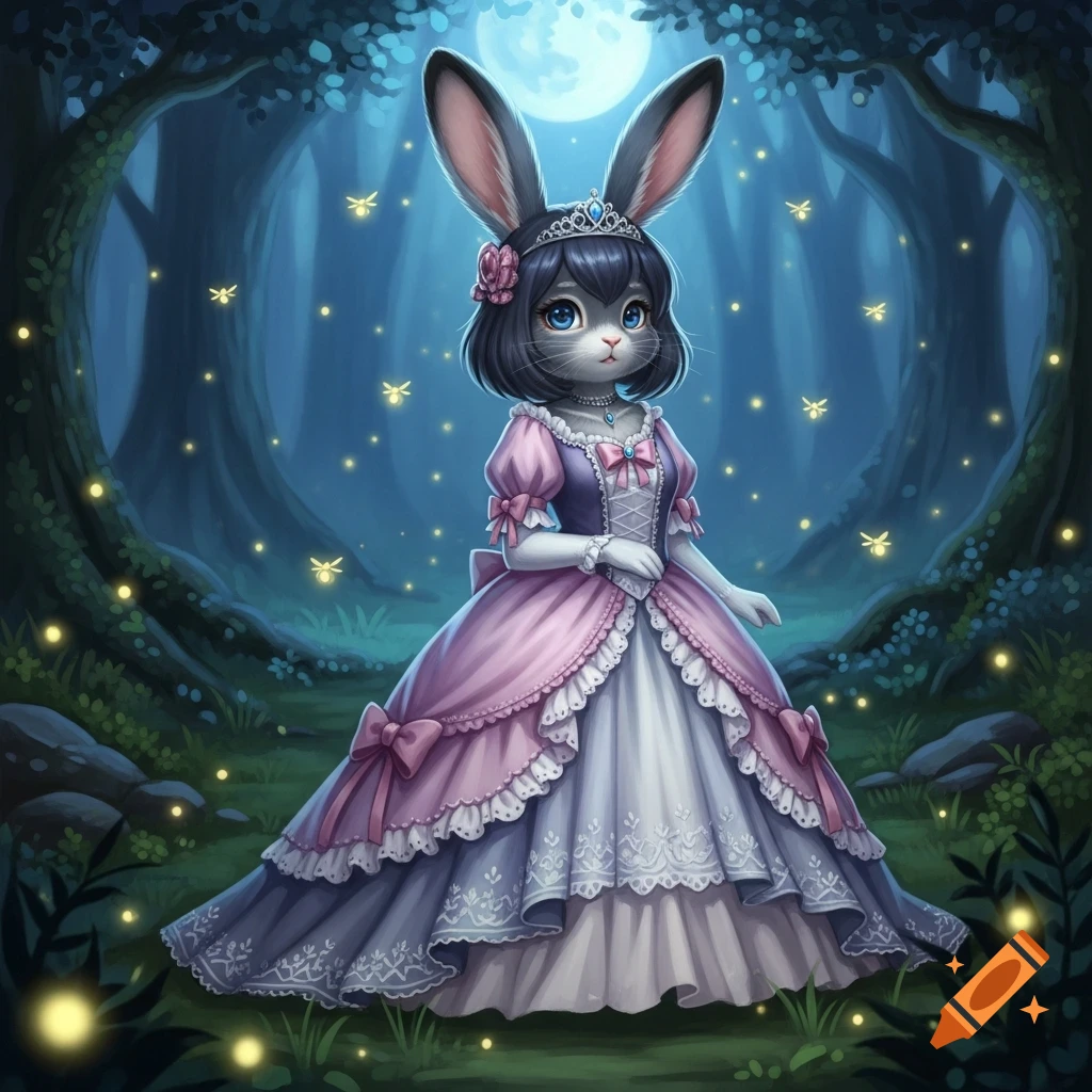 Cute anime bunny princess with dark fur and blue eyes, wearing a pink dress and tiara, stands in a magical moonlit forest with fireflies.
