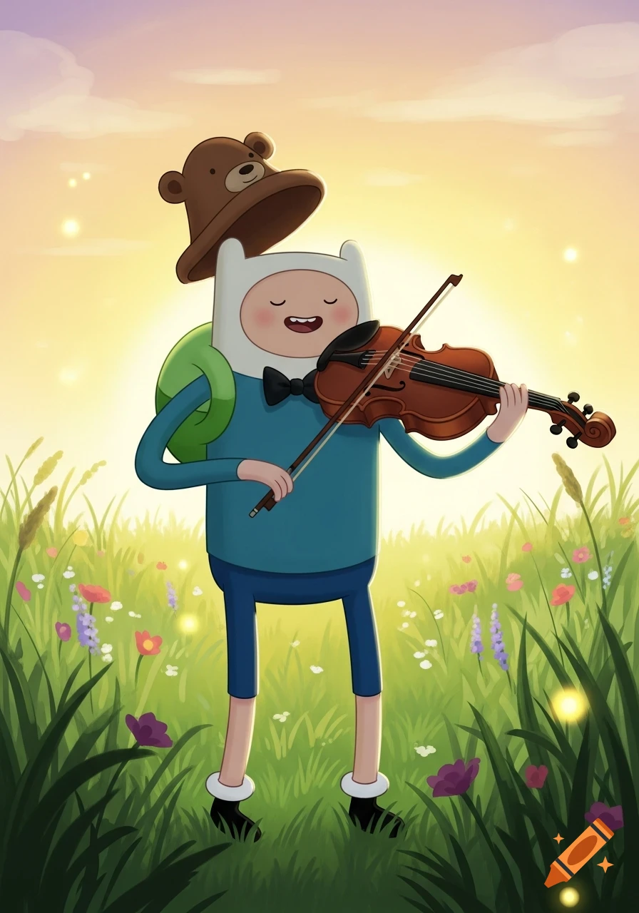 Finn from Adventure Time plays the violin in a sunny, grassy field with flowers, smiling with closed eyes in a cartoon style.