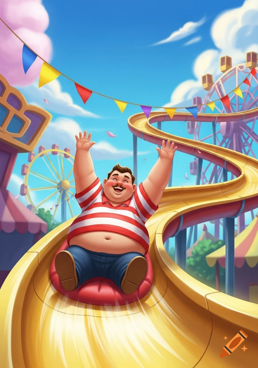 A cheerful, chubby man with arms raised slides down a yellow slide at a vibrant amusement park, with Ferris wheels and colorful flags in the background.