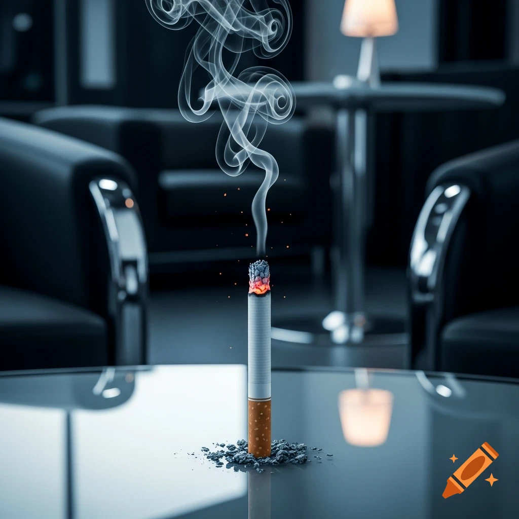 A lit cigarette stands upright on a reflective glass table with ashes and rising smoke in a dimly lit lounge background.