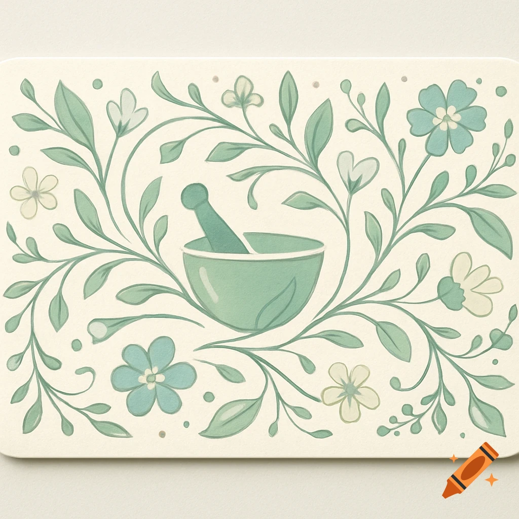 Stylized illustration of a green mortar and pestle surrounded by green leaves and light blue and white flowers on a light background.