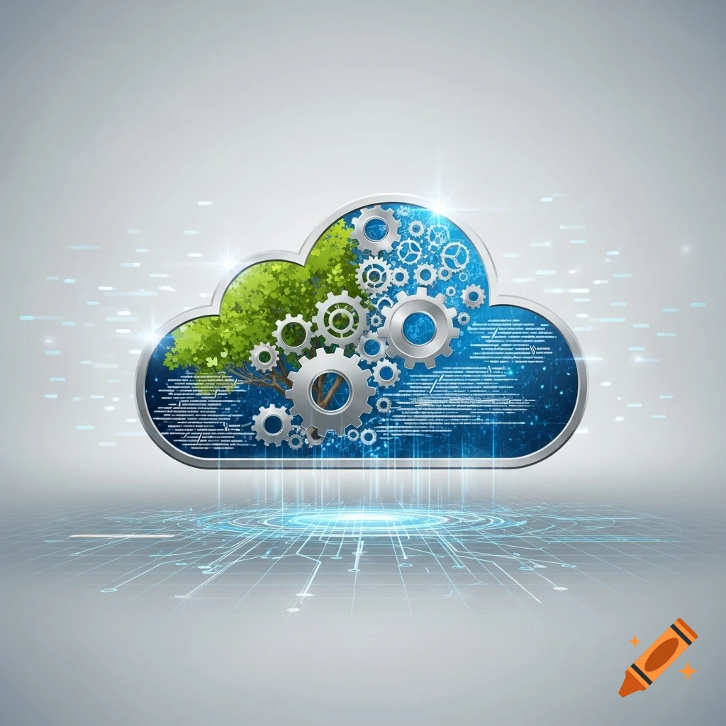 A stylized cloud icon with a green tree on the left and various silver gears, circuit lines, and blue digital code on the right, suggesting a blend of nature and technology in a data processing concept.