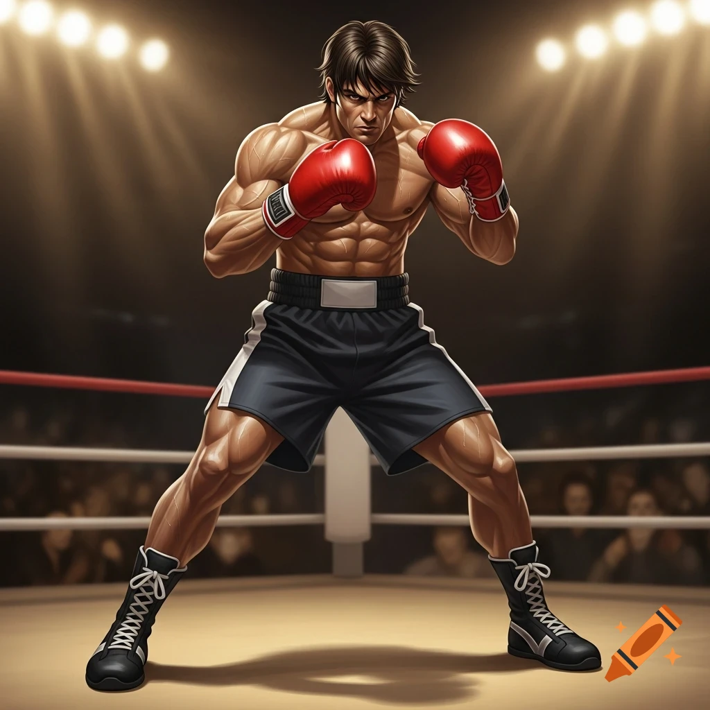 Muscular male boxer in red gloves and dark shorts stands in a brightly lit boxing ring, dynamic illustration style.