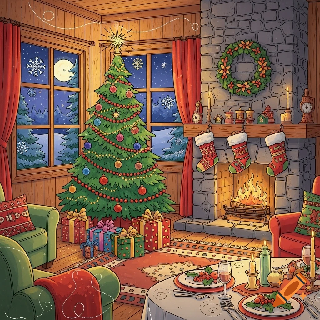 Cozy Christmas living room in coloring book style, with a decorated tree, fireplace, and dining table set for a meal.