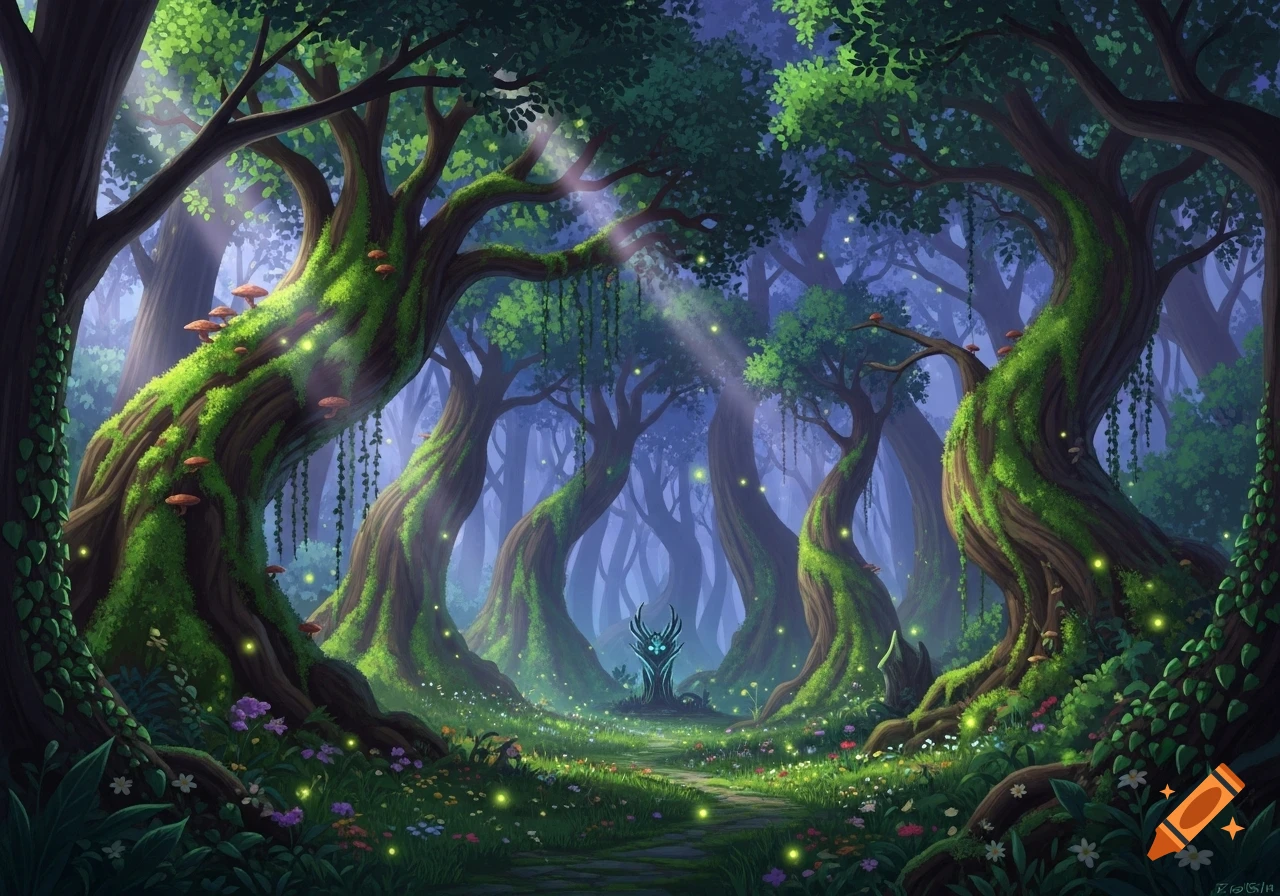 A vibrant fantasy forest with ancient, moss-covered trees, glowing ...