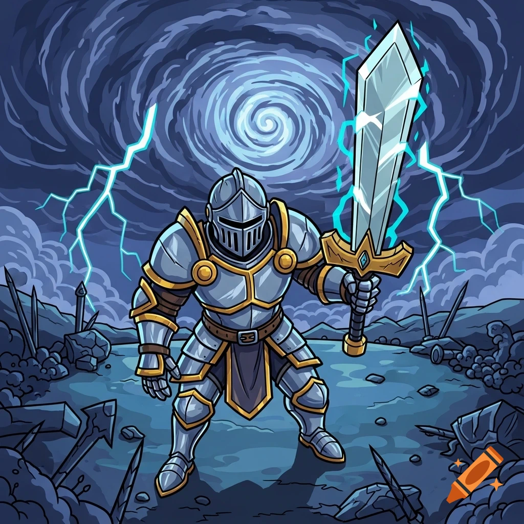 A cartoon knight in full armor stands with a large, glowing greatsword against a dark, swirling stormy sky with lightning.