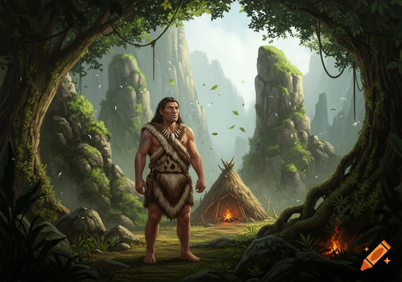 A muscled prehistoric man in fur clothing stands in a lush jungle with tall rocky peaks and a primitive hut.