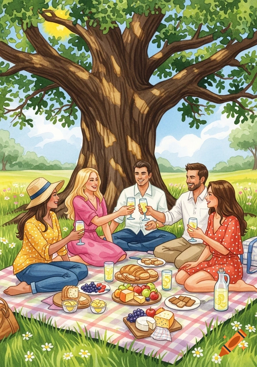 Four friends enjoying a picnic with food and drinks under a large tree in a sunny, green park, in a watercolor illustration style.