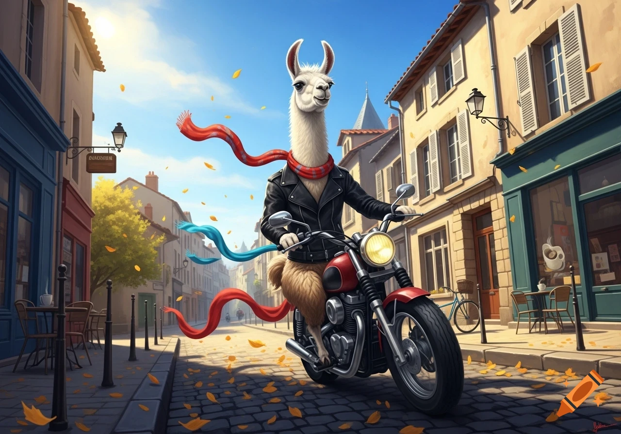 A fluffy white llama in a black leather jacket and red scarf rides a red motorcycle down a cobblestone street in a European town.