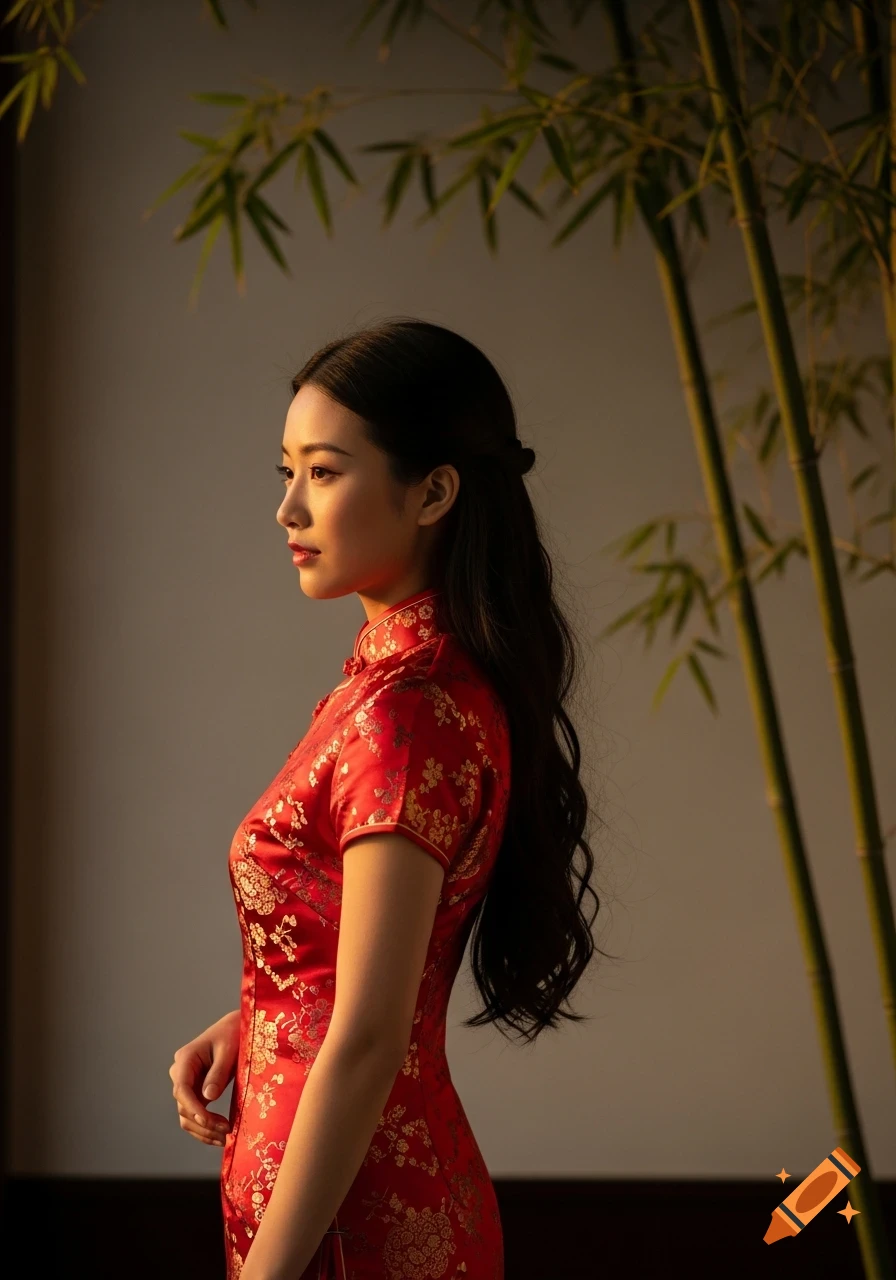 Photorealistic portrait of a young Chinese woman in a red cheongsam with gold floral patterns, standing in profile with bamboo.