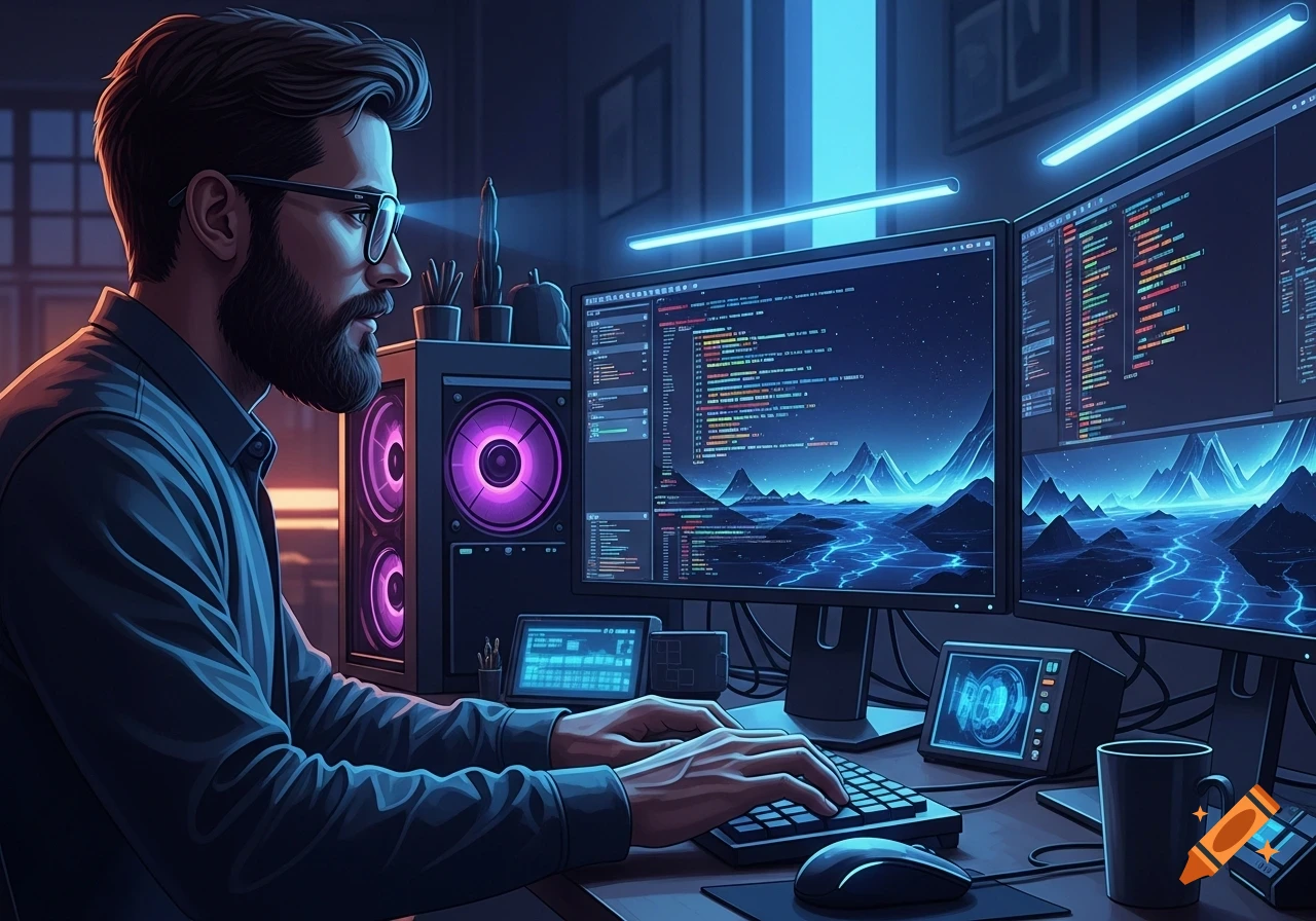 A bearded man in glasses types code on a computer with multiple glowing screens displaying futuristic landscapes and data in a dark, neon-lit room.