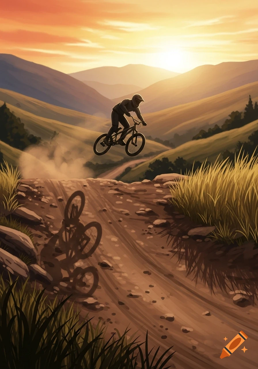 Illustrated mountain biker jumping over a dirt trail at sunset in a hilly landscape.