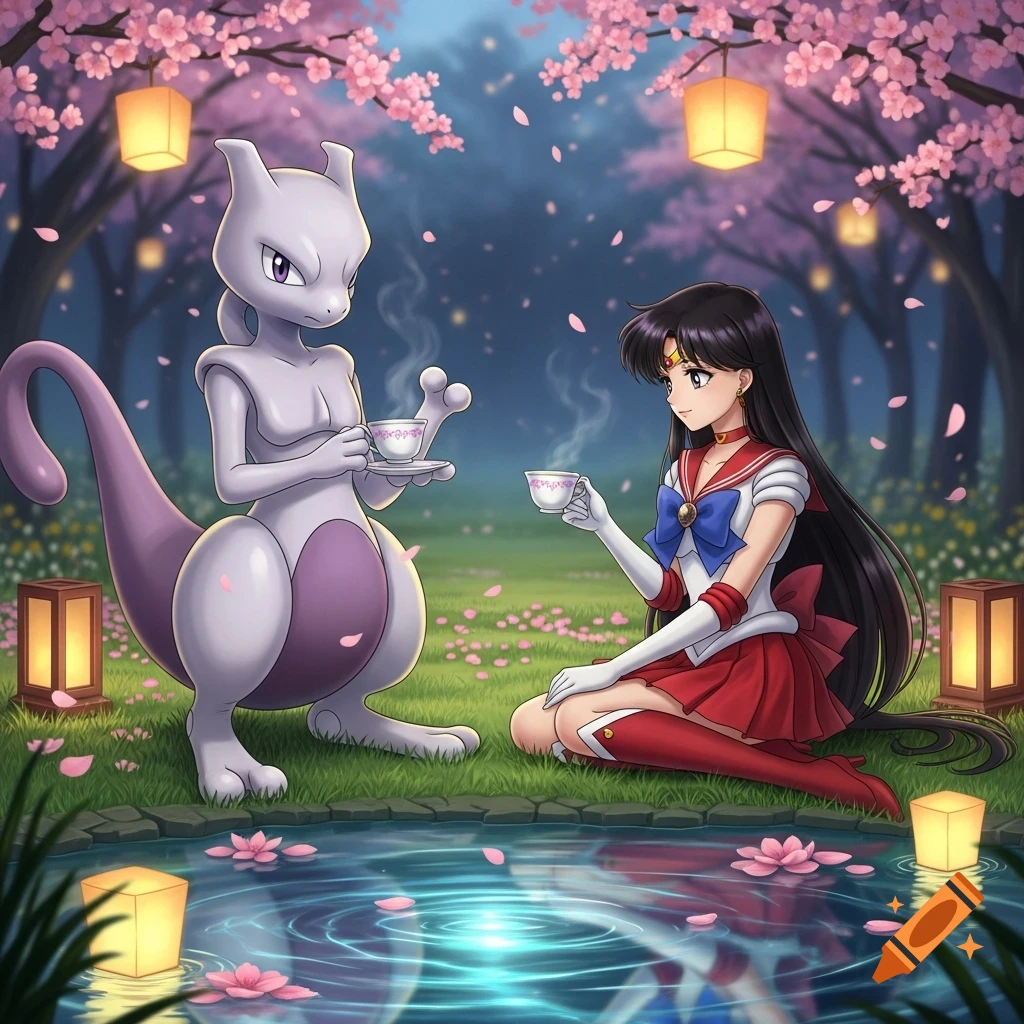 Mewtwo and Sailor Mars share tea amidst pink cherry blossoms and glowing lanterns by a pond.