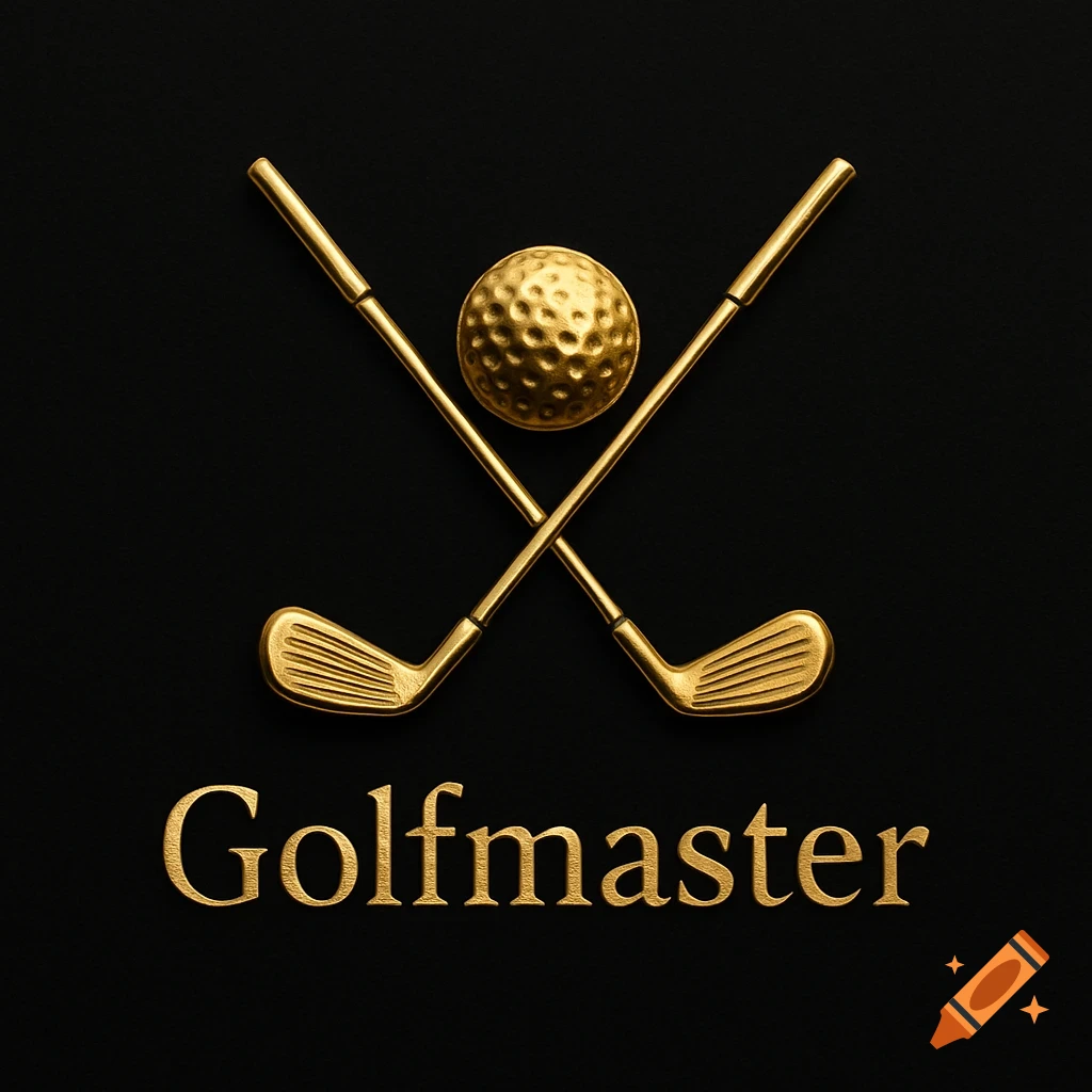 Golden golf clubs crossed over a golf ball, with 'Golfmaster' text below, on a black background in an elegant, modern style.