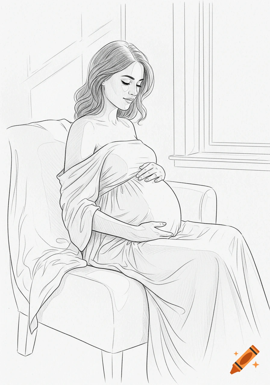 Line art sketch of a pregnant woman sitting in a chair, looking down at her belly with her hands on it.