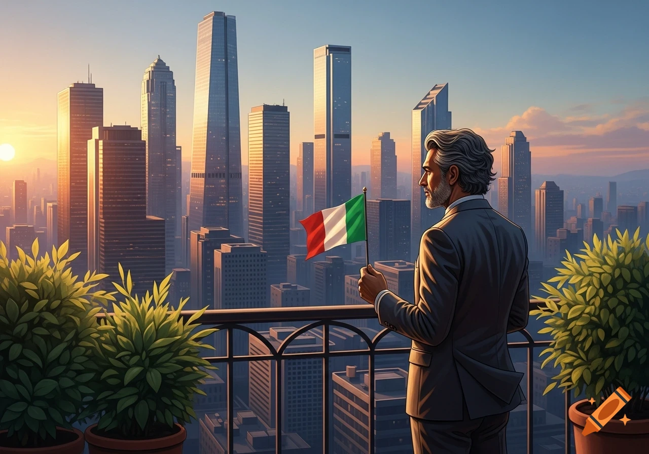 A man in a suit holding a small Italian flag stands on a balcony overlooking a modern city skyline at sunset.