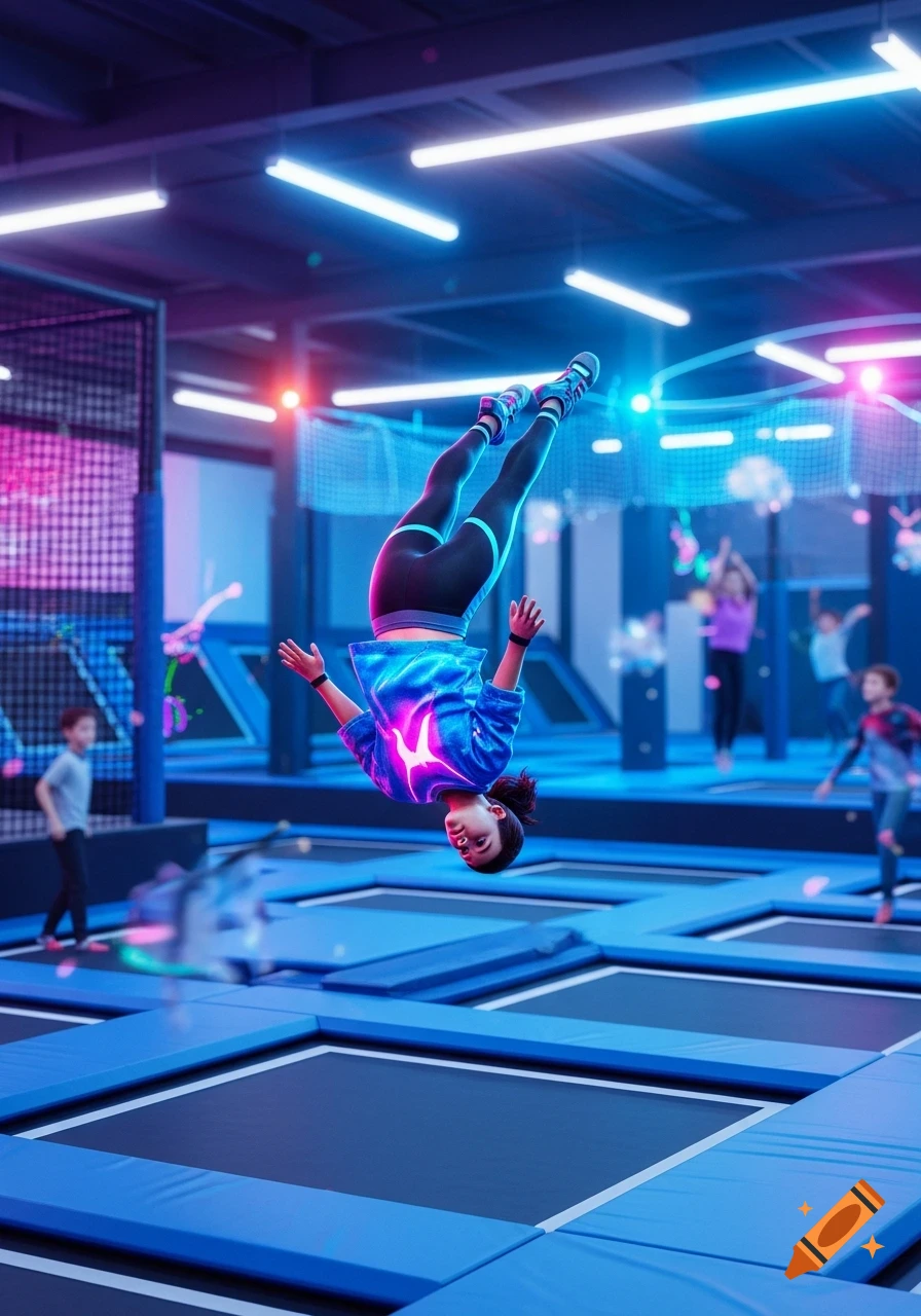 Person performing a front flip in mid-air above blue trampolines in a vibrant neon-lit park.