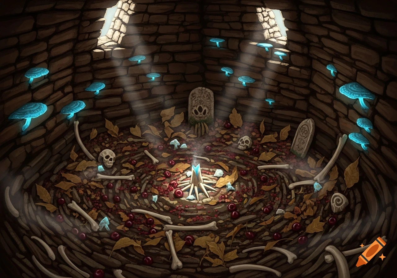 A dark, circular cave room with brick walls. The floor is covered in leaves, red berries, skulls, and bones, with glowing blue mushrooms on walls.