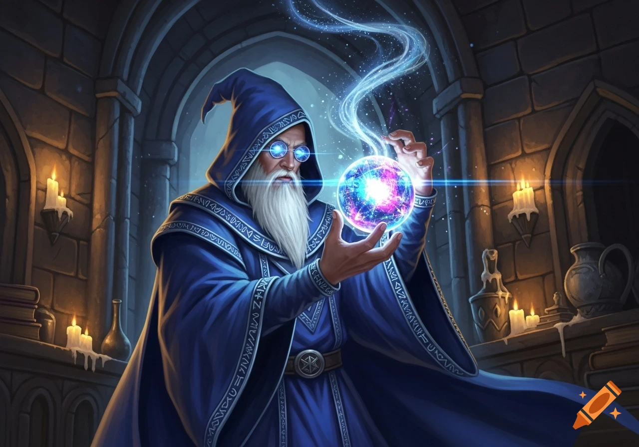 A wise old wizard with a long white beard and blue robes holds a glowing magical orb in a dimly lit stone chamber.