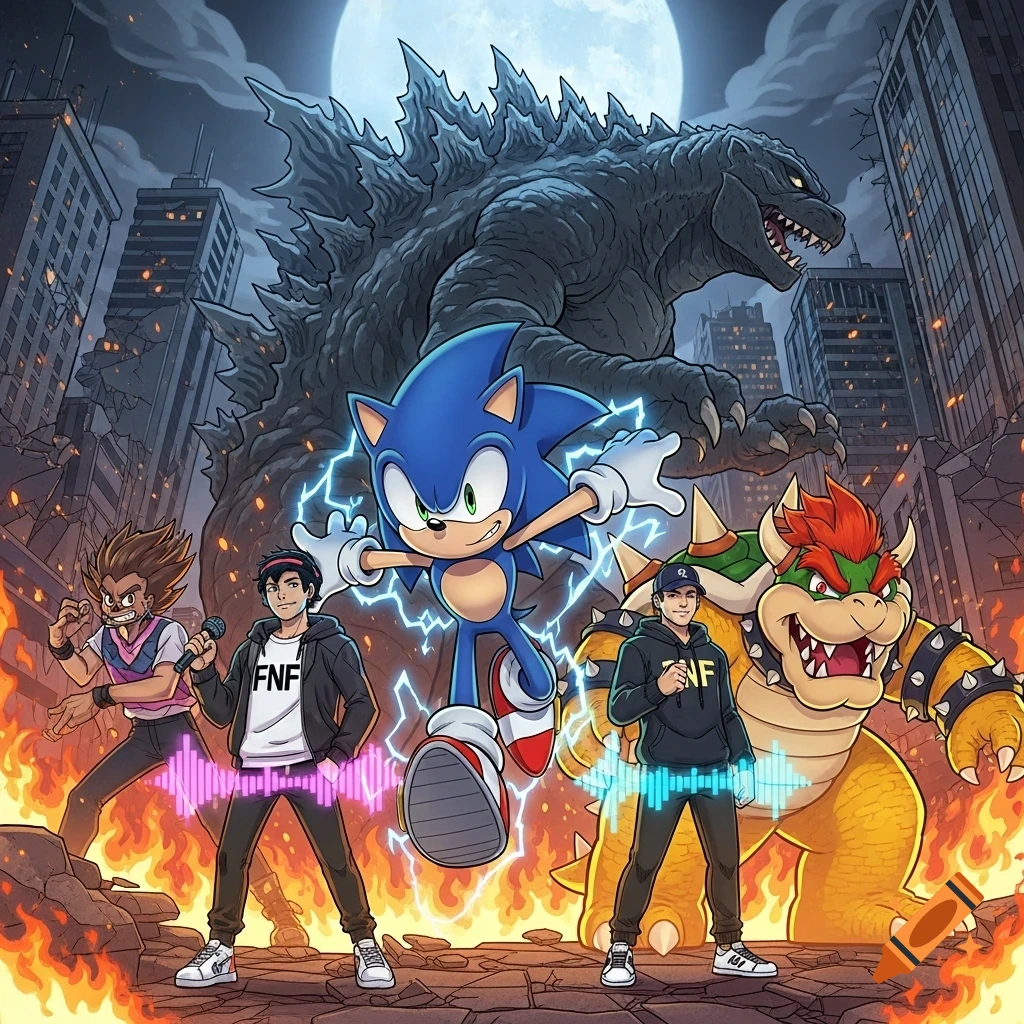 Sonic, two FNF characters, and Bowser confront Godzilla in a destroyed city under a full moon, in comic style.