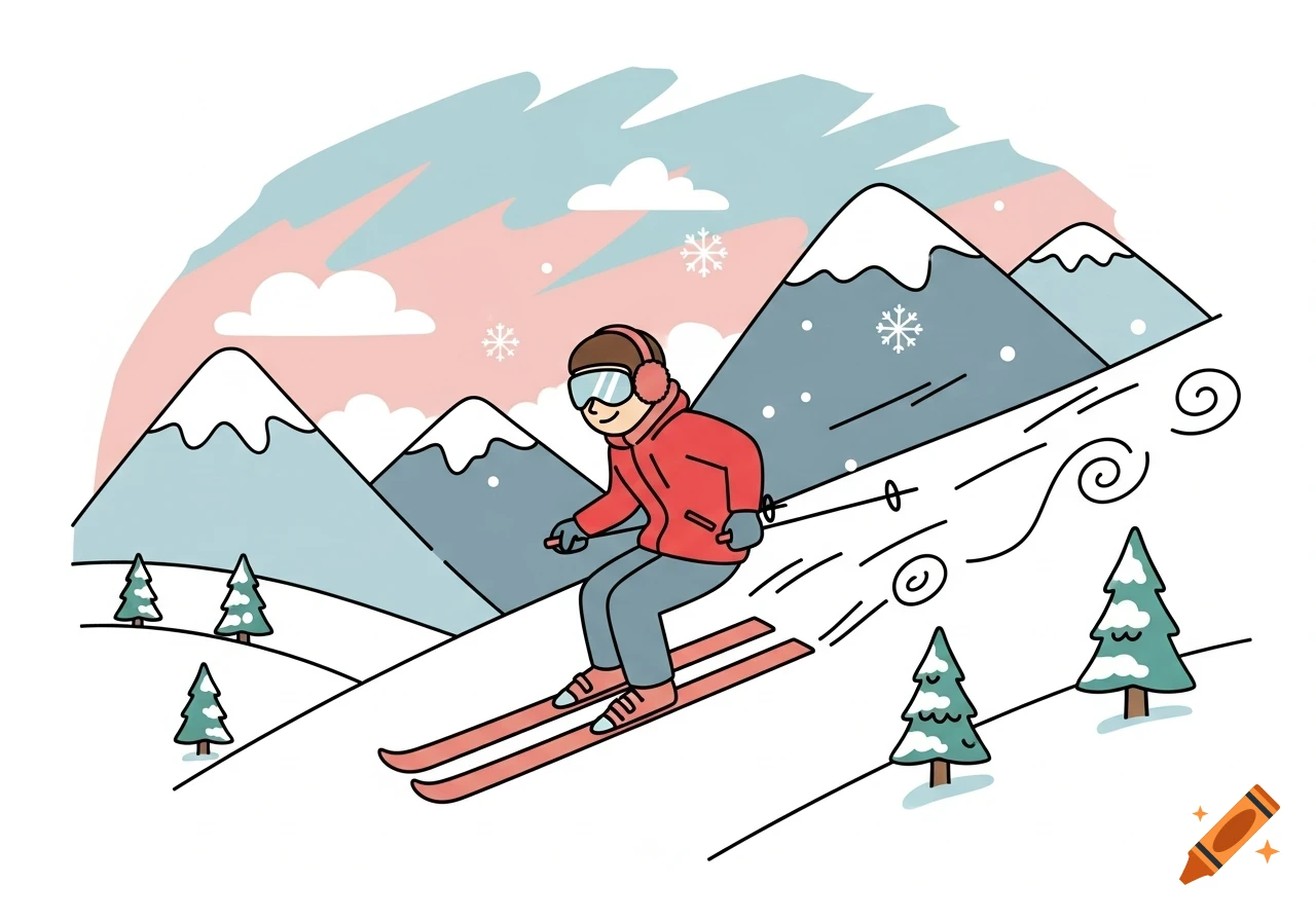 Simple line art illustration of a person skiing down a snowy mountain with trees and clouds under a pink and blue sky.