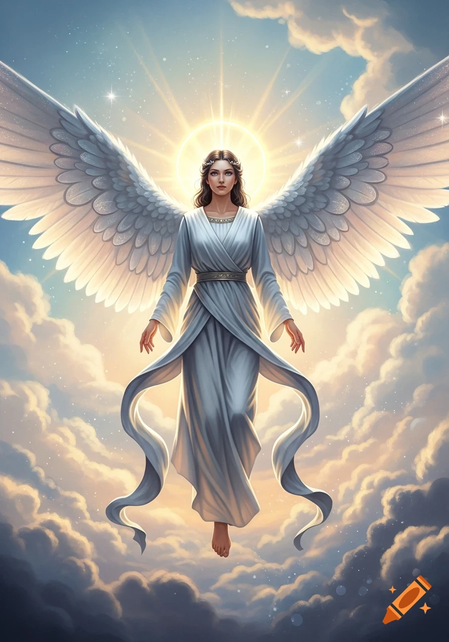 A majestic angel with large white wings and a flowing white gown floats above the clouds, bathed in golden light.