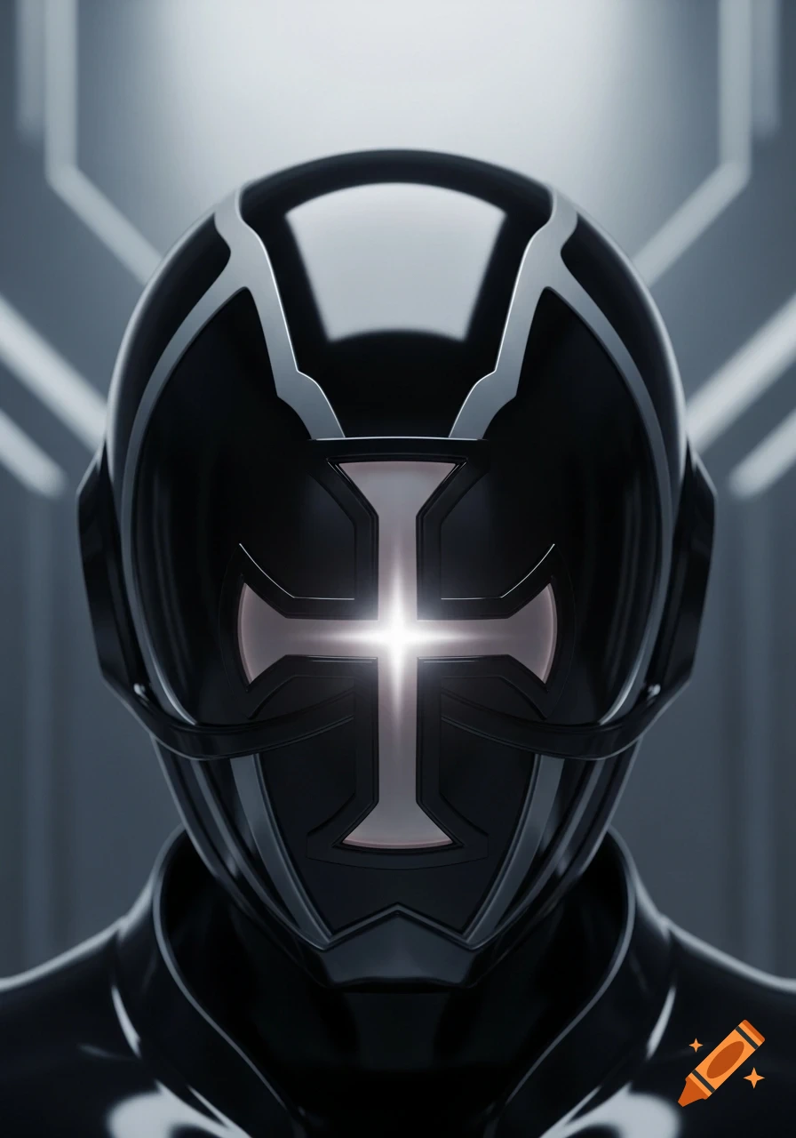 A sleek, black futuristic helmet with gray highlights, featuring a prominent glowing white cross symbol as its visor, facing forward.
