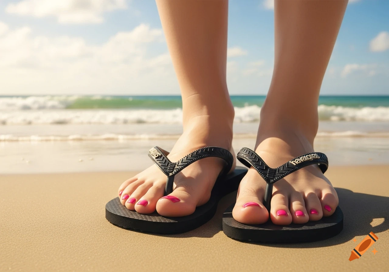 Close-up of a person's feet with pink-painted toenails wearing black flip-flops on a sandy beach with the ocean in the background.