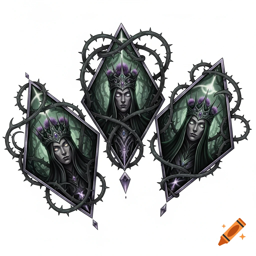 Three stylized rhombus frames, each with a dark fantasy queen, thorny crown, and glowing eyes, entwined with vines.