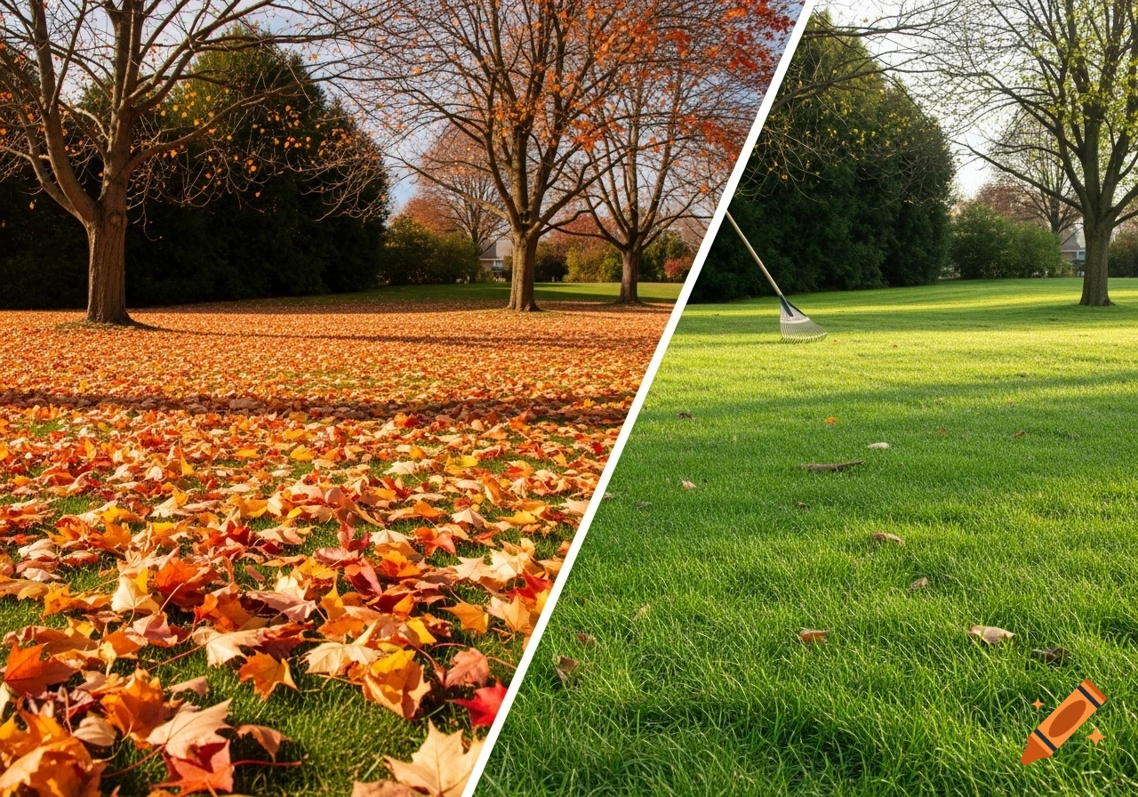 A split image showing a vibrant autumn lawn covered in fallen leaves on the left, and a neatly raked, green lawn with a rake on the right.