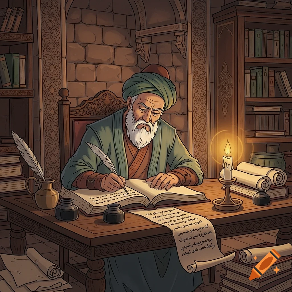 Cartoon-style illustration of an old man with a white beard and green turban writing in a large book by candlelight in an ancient, book-filled room.