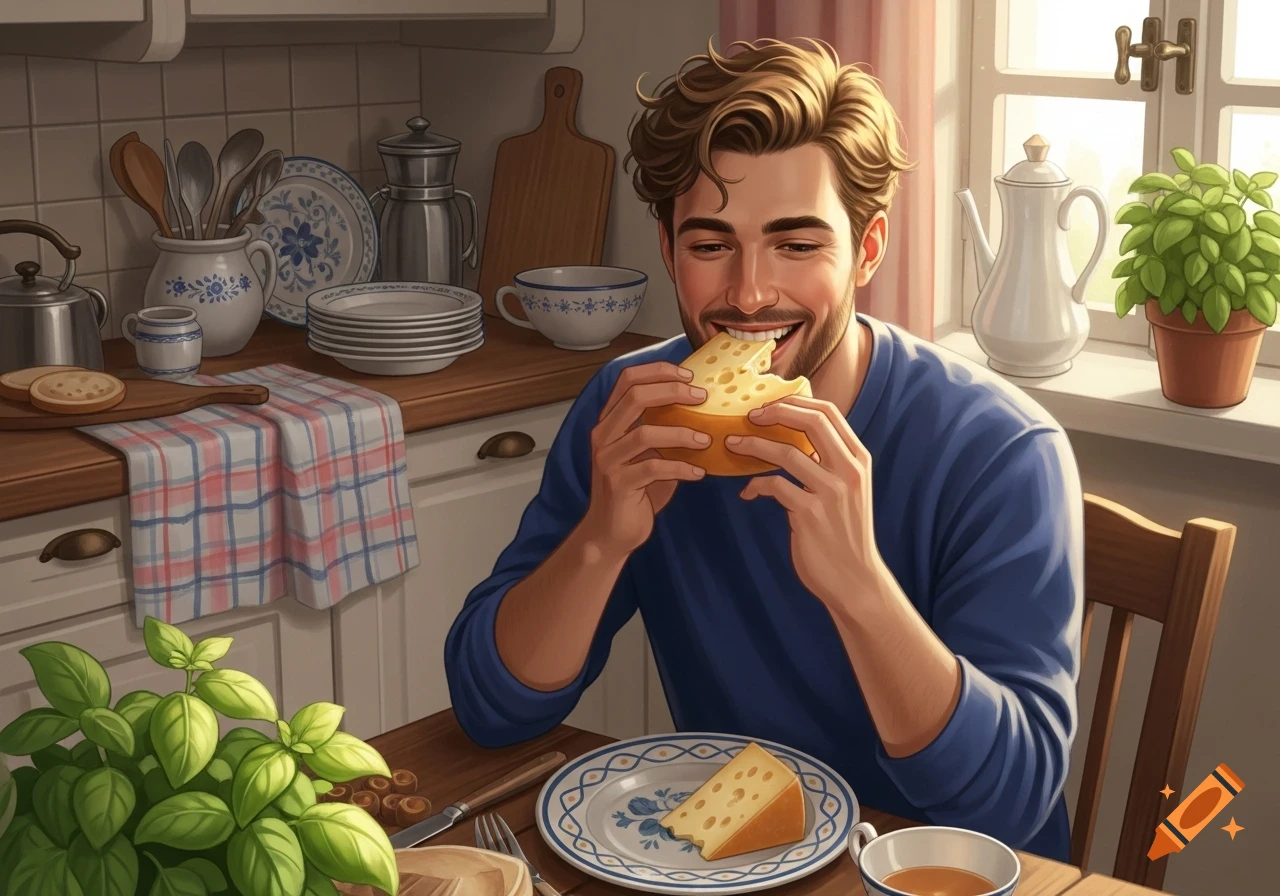A smiling man in a blue shirt eats cheese at a wooden table in a sunlit ...