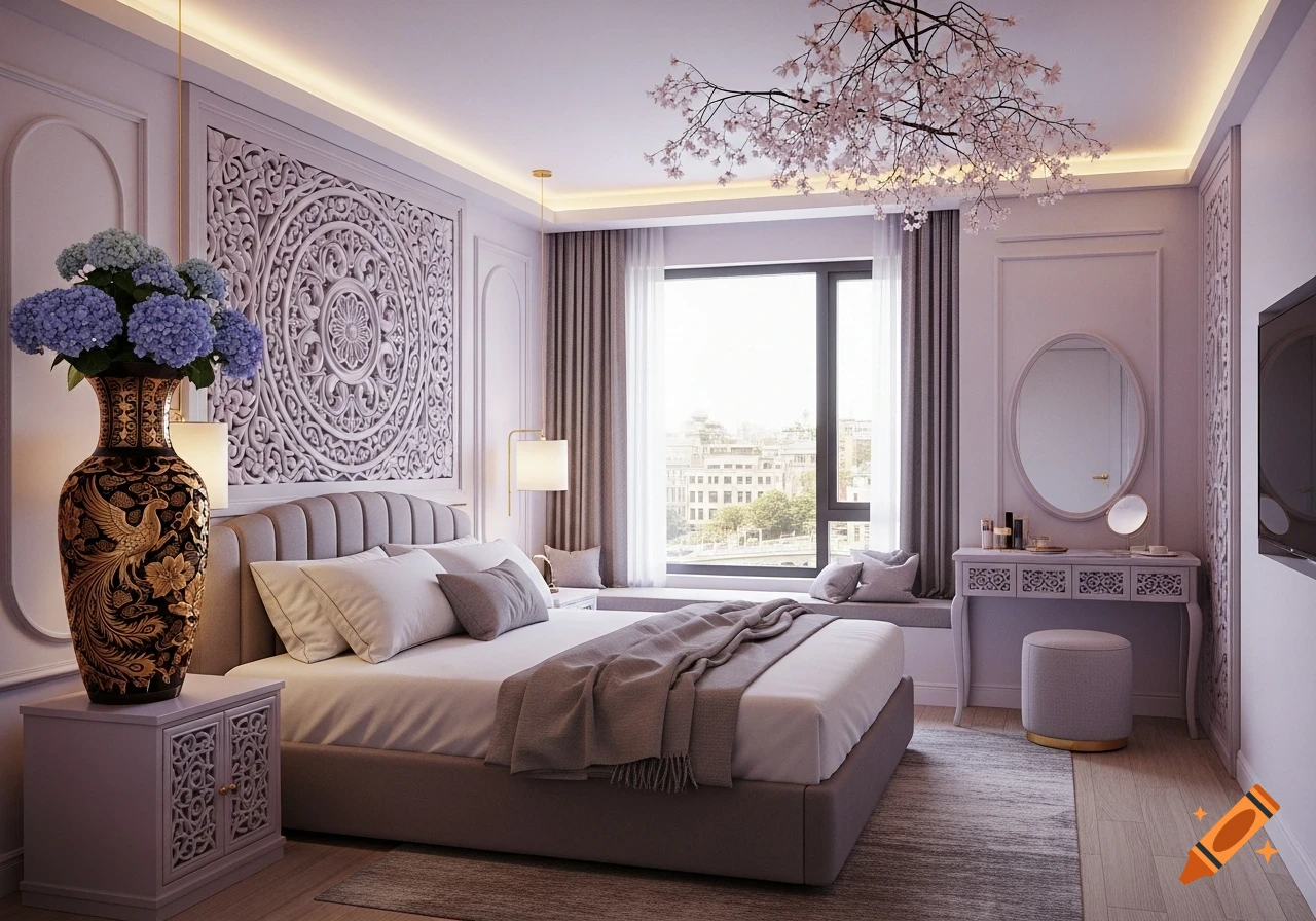 An elegant modern hotel bedroom in soft lavender with Peranakan-style carvings, a large window, and cherry blossoms on the ceiling.