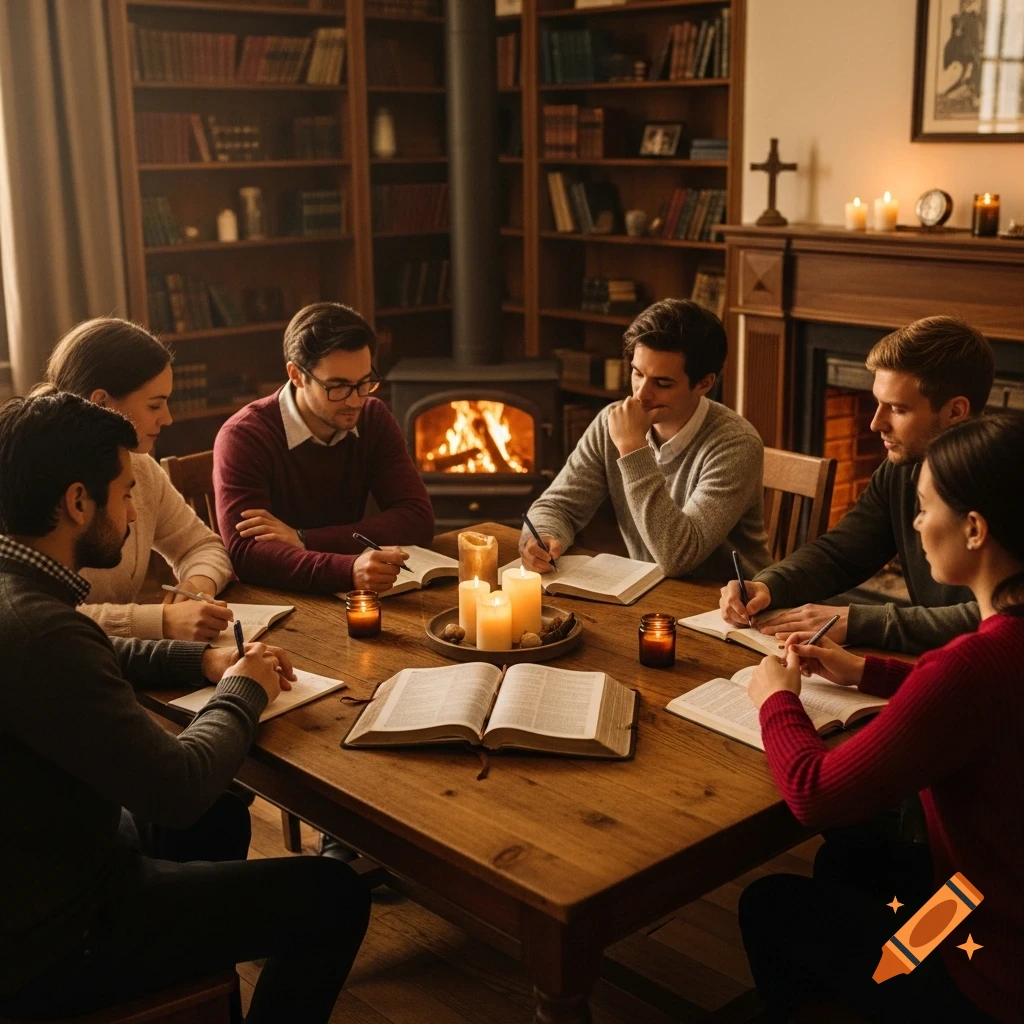 A diverse group of people studying books around a candlelit wooden table by a fireplace, surrounded by bookshelves.